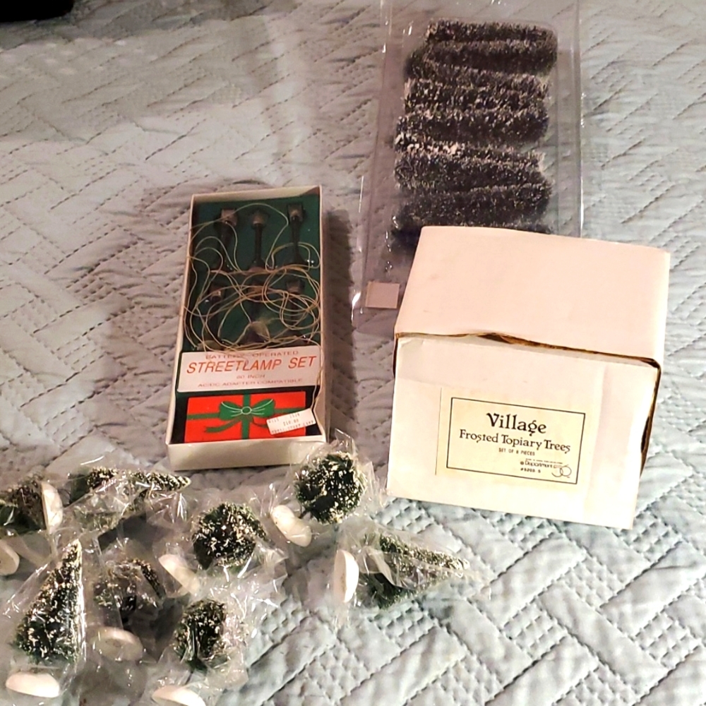 Department 56 Frosted topiary trees, streetlamps and bushes